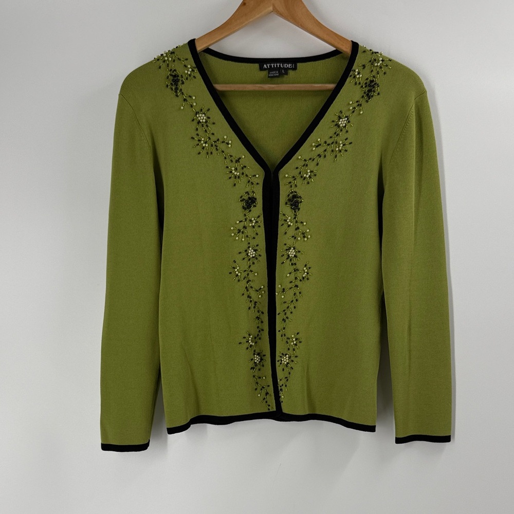 Vintage knit green sweater cardigan drape front embroidered beaded artsy